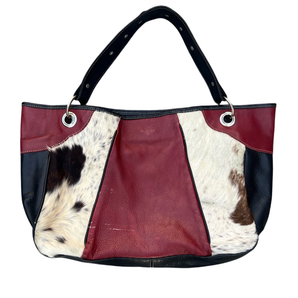 Vintage Cowhide Red and Black Leather Shoulder Bag